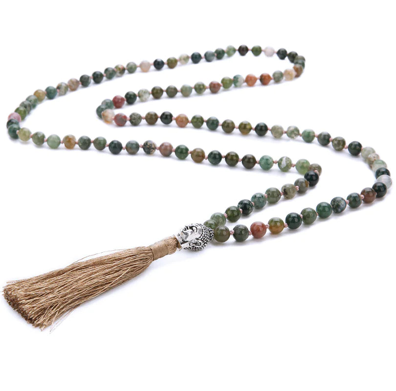 New Buddha Head Yoga 108 Mala Necklace - Handcrafted Agate