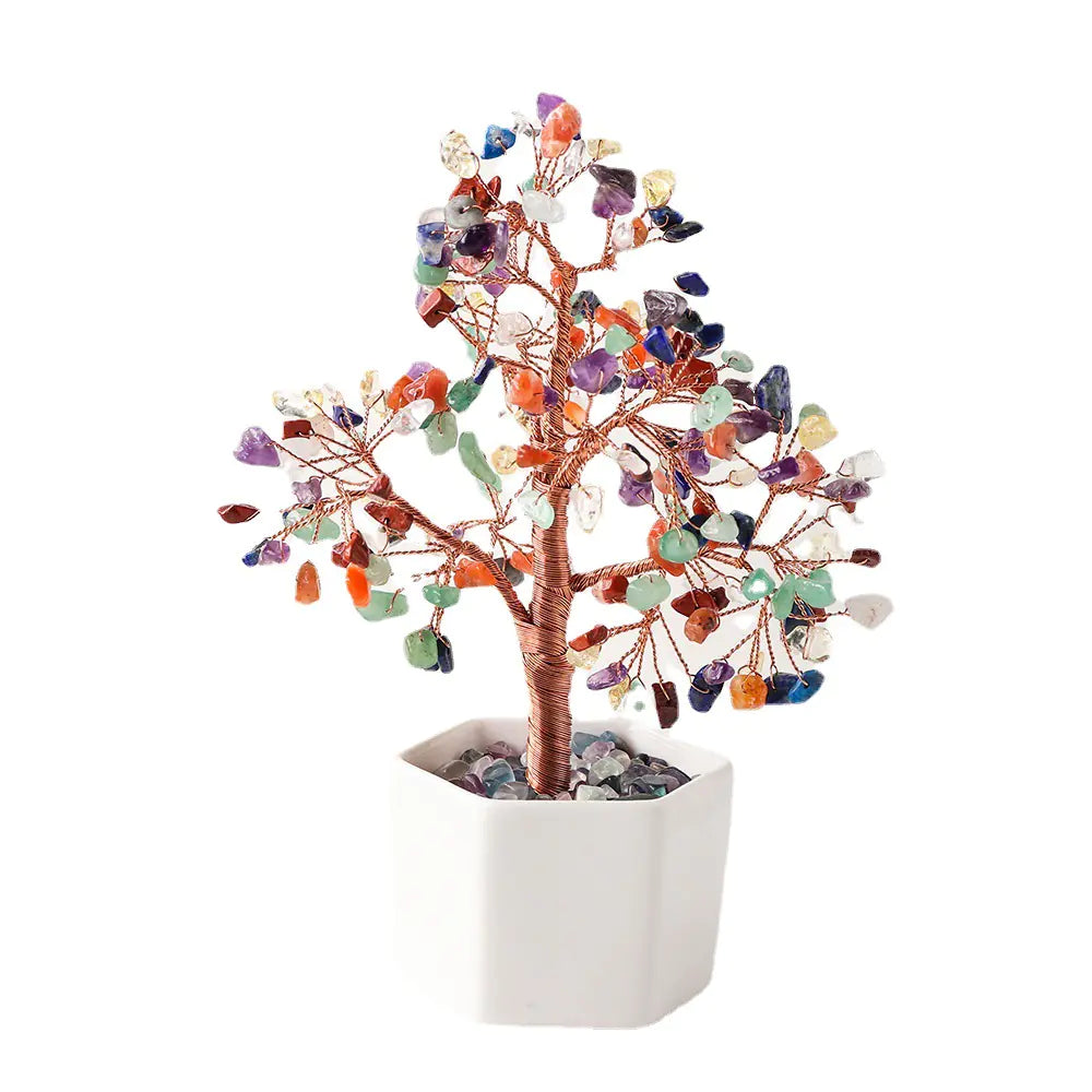 Natural Crystal Bonsai Tree with Colorful Gemstones Decor