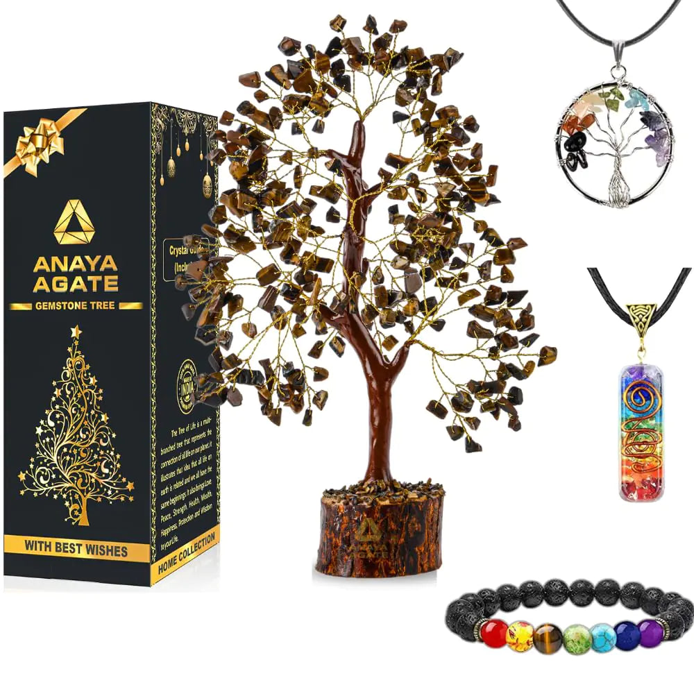 Tiger Eye Crystal - Artificial Trees Bonsai Tree Healing Crystals Tree of Life Chakra Tree Crystal Gifts for Women Men Good Luck for Home Office Decor Included 1 Bracelet 2 Necklaces