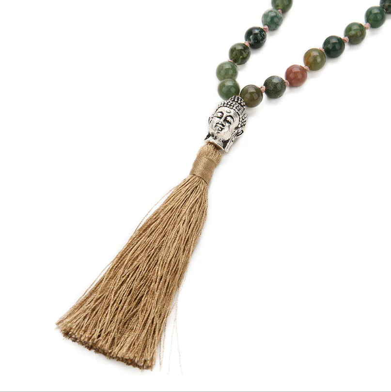 New Buddha Head Yoga 108 Mala Necklace - Handcrafted Agate