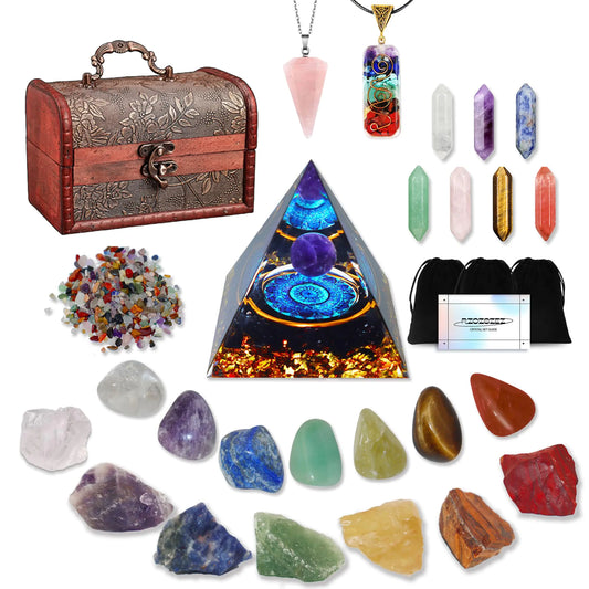 29pcs Healing Crystals Set Crystals and Healing Stones7 Raw Chakra Stones7 Tumbled Stones 7 Bullet Shaped Chakra Stones 2 Chakra Necklace Crystal Pyramid Crystal Sets for HealingCrystal Gifts