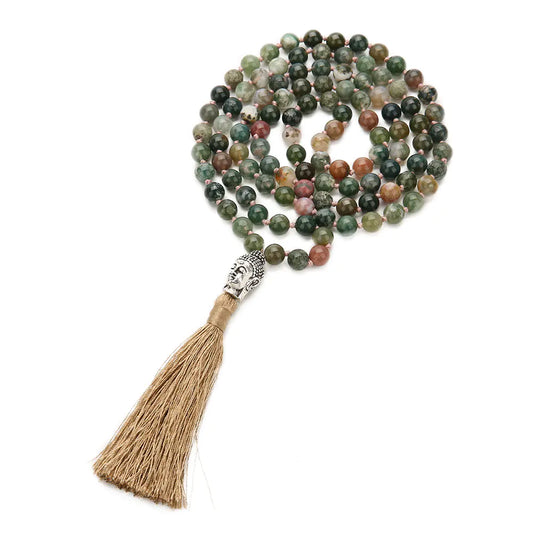 New Buddha Head Yoga 108 Mala Necklace - Handcrafted Agate