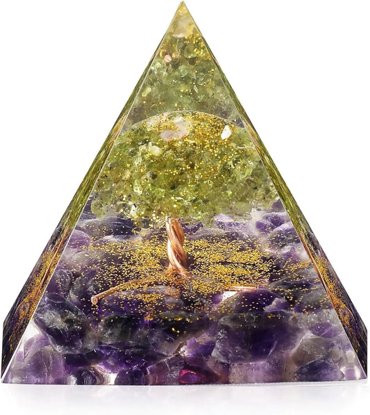 EternalOrgone Orgone Pyramid Crystals and Healing Stones Set Tree of Life Amethyst Crystal with Peridot Chakra Stones Ideal Spiritual Gifts for Meditation Accessories and Promote Positive Energy