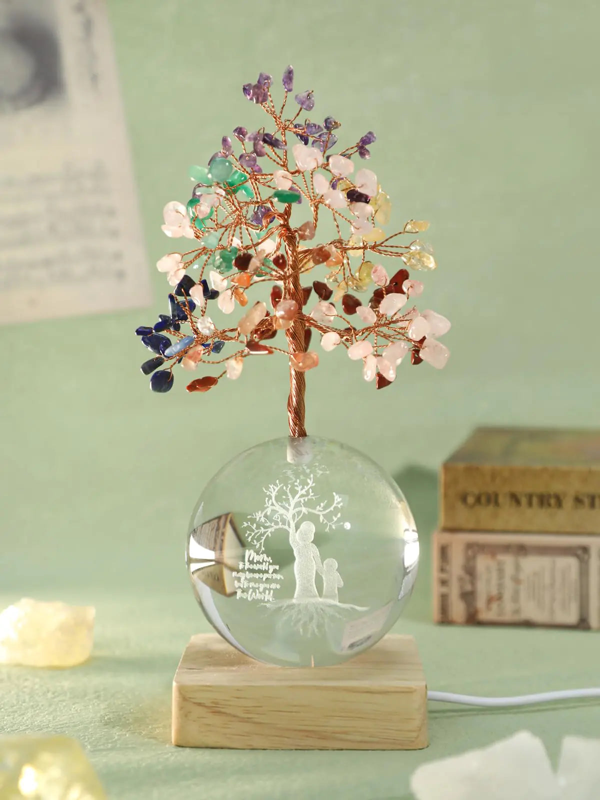 Chakra Tree Gift for Mom Women Birthday Mother’s Day 3D Mom Kid Figurines Night Light Crystal Ball for Meditation Relaxation Spiritual Tree Feng Shui Decor for Home Office Shelf Desk